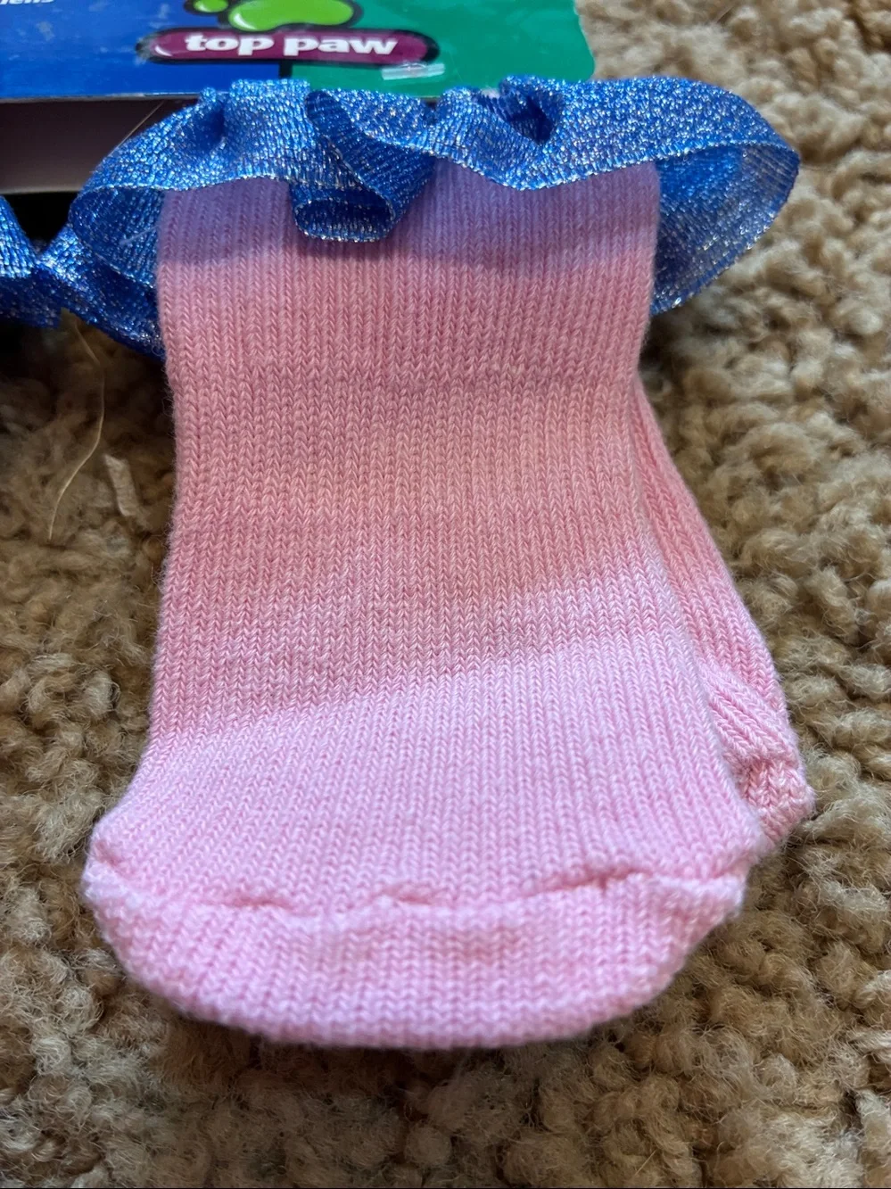 Top Paw Pink Dog Socks with Sparkling Blue Ruffle Trim